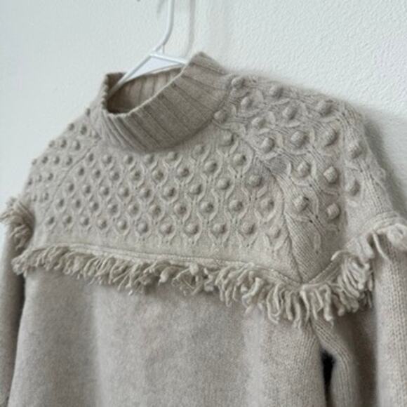 ALASHAN Merino Wool Fringe Sweater Beige Bobble Knit Boho Cottagecore M SoftGirl - Picture 3 of 6